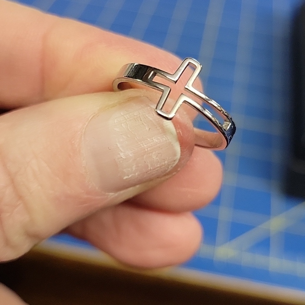 Cross Silver Tone Ring Adjustable Size 8